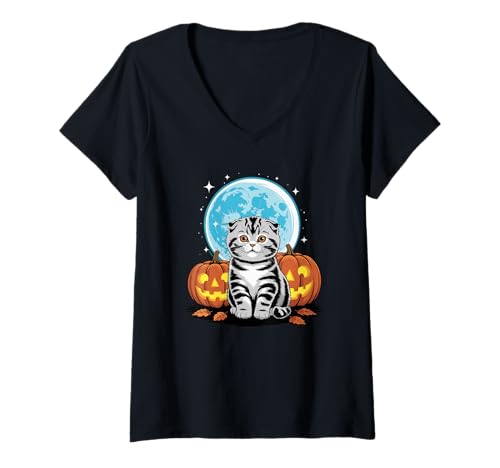 Damen Halloween Scottish Fold Kürbis Coupari T-Shirt mit V-Ausschnitt von Scottish Fold Cat Lover Gifts