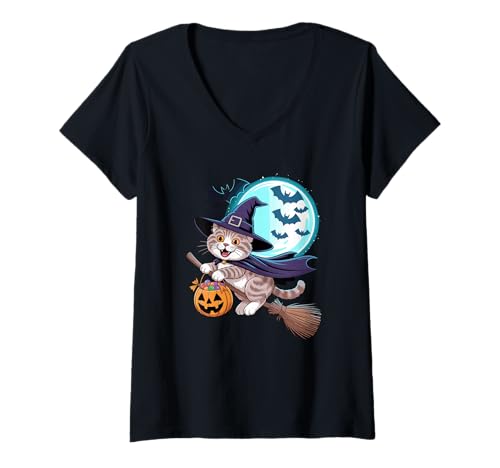 Damen Halloween Witch Scottish Fold Moon Coupari T-Shirt mit V-Ausschnitt von Scottish Fold Cat Lover Gifts