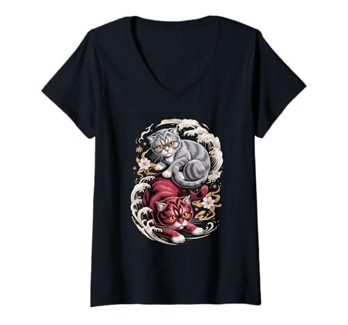 Damen Japanische Kunst Wellen Scottish Fold Katze Coupari T-Shirt mit V-Ausschnitt von Scottish Fold Cat Lover Gifts
