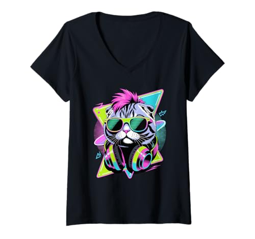 Damen Punk Ära Stil Scottish Fold Cat Sonnenbrille Coupari T-Shirt mit V-Ausschnitt von Scottish Fold Cat Lover Gifts