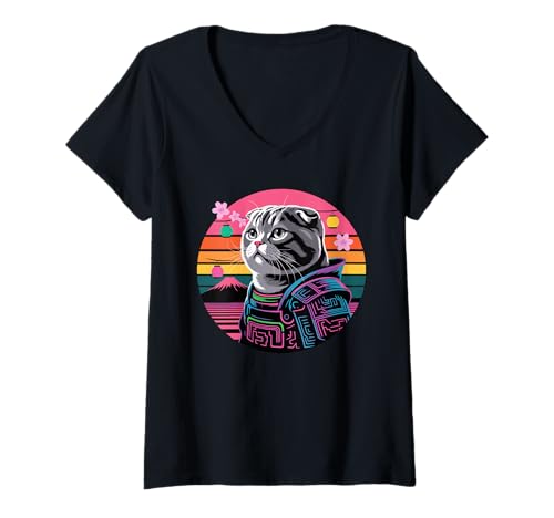 Damen Retro Samurai Scottish Fold Coupari T-Shirt mit V-Ausschnitt von Scottish Fold Cat Lover Gifts