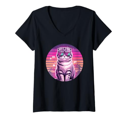Damen Retro Synthwave Scottish Fold Cat Sonnenbrille Coupari T-Shirt mit V-Ausschnitt von Scottish Fold Cat Lover Gifts