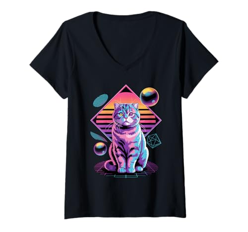 Damen Retro Synthwave Scottish Fold Coupari T-Shirt mit V-Ausschnitt von Scottish Fold Cat Lover Gifts