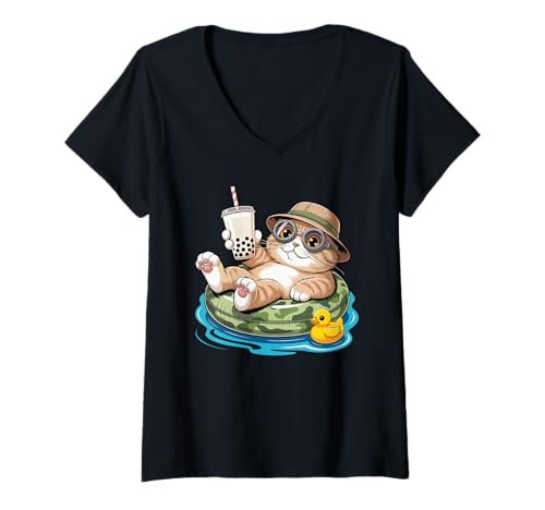 Damen Scottish Fold Boba Perle Milchtee T-Shirt mit V-Ausschnitt von Scottish Fold Cat Lover Gifts