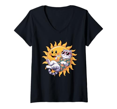 Damen Scottish Fold Sonnenbrille Coupari T-Shirt mit V-Ausschnitt von Scottish Fold Cat Lover Gifts