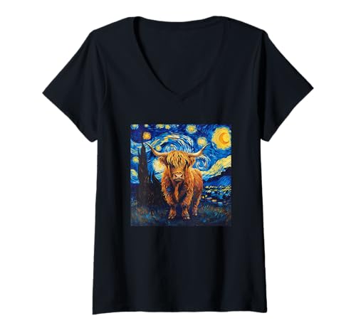 Damen Starry Night Heifer Scottish Highland Cow Lover T-Shirt mit V-Ausschnitt Damen Starry Night Heifer Scottish Highland Cow Lover T-Shirt mit V-Ausschnitt von Funny Cowgirl Cattle Farm Gifts Shirts & Hoodies