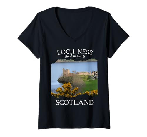 Damen Atemberaubendes Urquhart Castle Loch Ness Schottland Souvenir Damen T-Shirt mit V-Ausschnitt Damen Atemberaubendes Urquhart Castle Loch Ness Schottland Souvenir Damen T-Shirt mit V-Ausschnitt von Scottish Irish Ancestry for the Family Nessie Myth