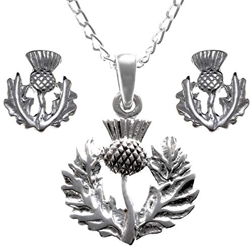 Schottische Halskette für Damen, Schmuckset – Distel-Anhänger & -Ohrringe, Silber, Geschenk-Set von Alexander Castle