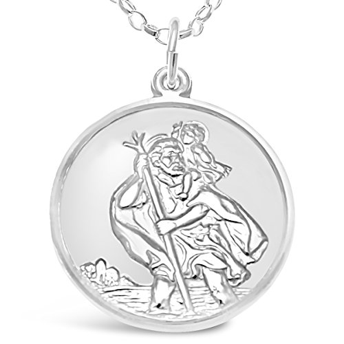 Sterlingsilber-Anhänger Heiliger Christopherus, Medaillon mit 45,7 cm Kette – Flugzeug, Boot und Auto auf der Rückseite von Scottish Jewellery Shop