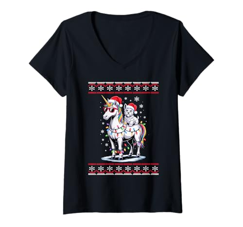 Damen Christmas Scottish Terrier Unicorn Sunglasses Scottie T-Shirt mit V-Ausschnitt von Scottish Terrier Dog Lover Gifts