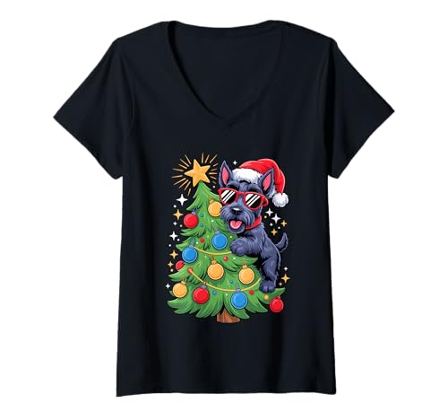 Damen Christmas Tree Scottish Terrier Sunglasses Scottie Terriers T-Shirt mit V-Ausschnitt von Scottish Terrier Dog Lover Gifts