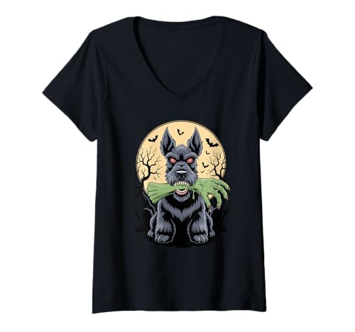 Damen Halloween Mond Zombie Hand Scottish Terrier T-Shirt mit V-Ausschnitt von Scottish Terrier Dog Lover Gifts