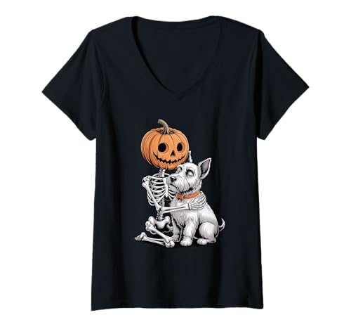 Damen Halloween Skeleton Scottish Terrier Scottie Terriers T-Shirt mit V-Ausschnitt Damen Halloween Skeleton Scottish Terrier Scottie Terriers T-Shirt mit V-Ausschnitt von Scottish Terrier Dog Lover Gifts