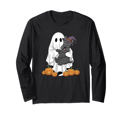 Lustiger Ghost Scottish Terrier Kürbis Halloween Herren Damen Langarmshirt von Scottish Terrier Lovers Halloween Outfits Boy Girl
