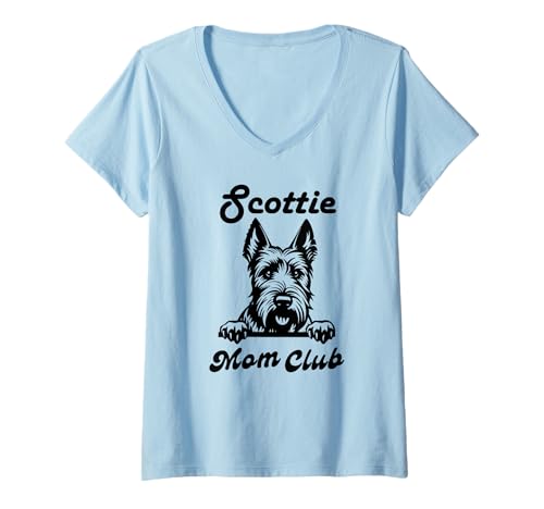 Damen Scottie Mom Club T-Shirt mit V-Ausschnitt von Scottish Terrier Murter Messy Bun Hair T -Shirt