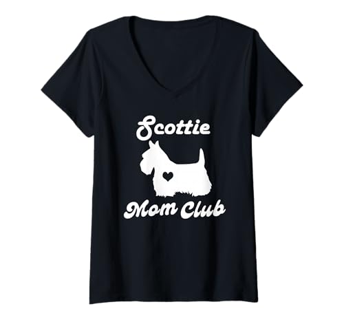 Damen Scottie Mom Club T-Shirt mit V-Ausschnitt Damen Scottie Mom Club T-Shirt mit V-Ausschnitt von Scottish Terrier Mutter Messy Bun Hair T -Shirt