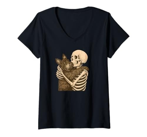 Damen Skelett umarmt Scottie Dog Halloween T-Shirt mit V-Ausschnitt Damen Skelett umarmt Scottie Dog Halloween T-Shirt mit V-Ausschnitt von Scottish Terrier Mutter Messy Bun Hair T -Shirt