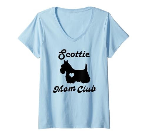 Damen Scottie mom Club T-Shirt mit V-Ausschnitt von Scottish Terrier mom messy bun hair tee