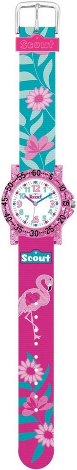 Scout Quarzuhr The IT-Collection, 280375019, Lernuhr, Flamingo-Blumenmotiv, Glitzer, ideal auch als Geschenk von Scout