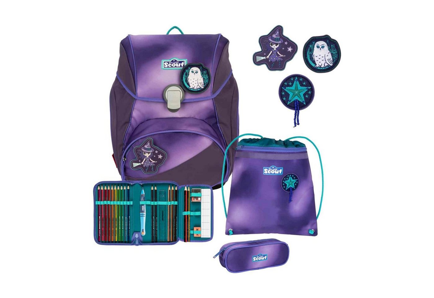 Scout Schulranzen Scout Alpha Exklusiv Superflash Purple Magic Schulranzen-Set 4-teilig von Scout