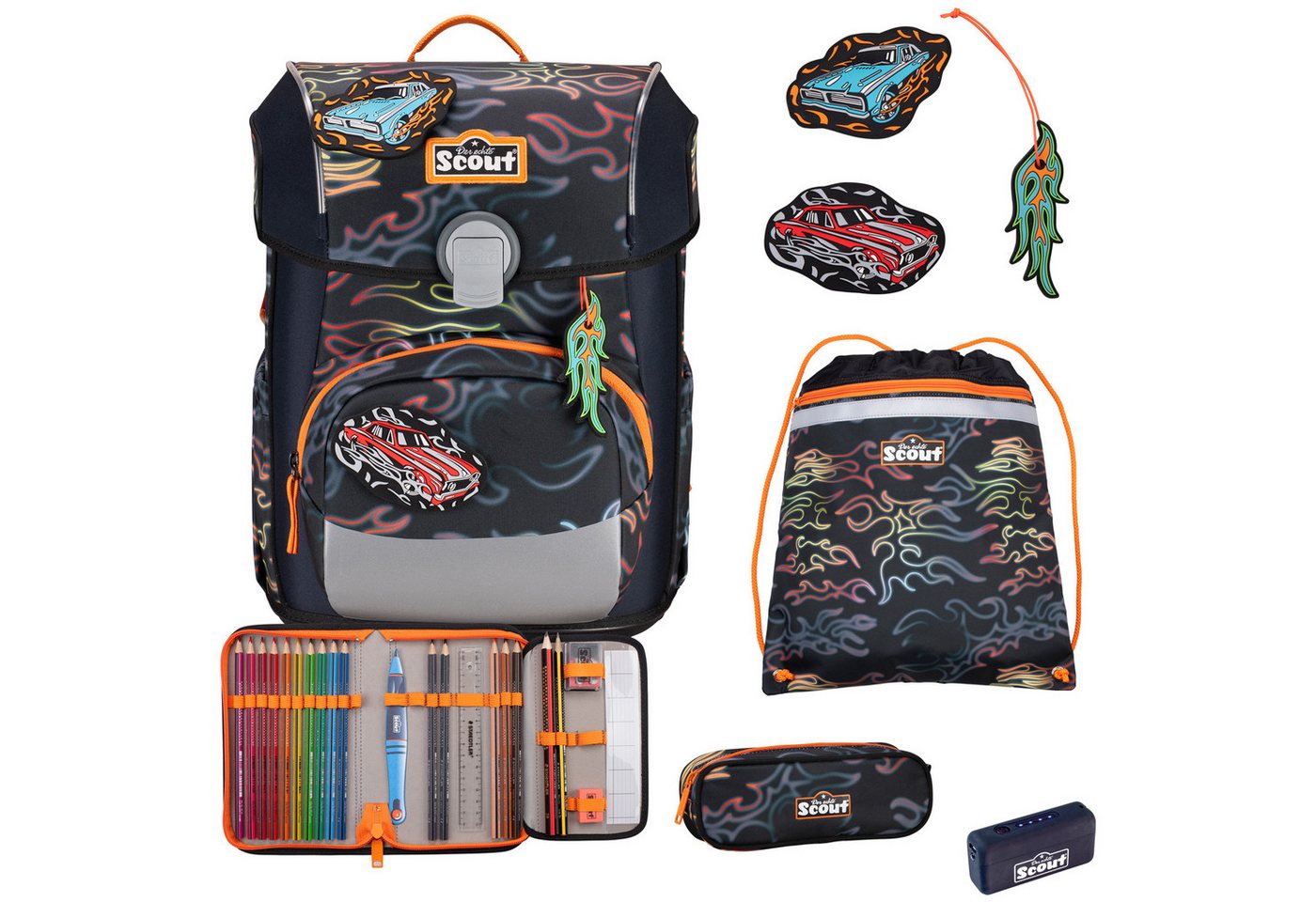 Scout Schulranzen Set Safety Light Flames mit Sportbeutel, Federmäppchen, Schlamperetui (Set, Sportbeutel, Gefülltes Federmäppchen, Schlamperetui, 2 Patchies), ergonomische Passform, maximale Sicherheit und nachhaltige Materialien von Scout