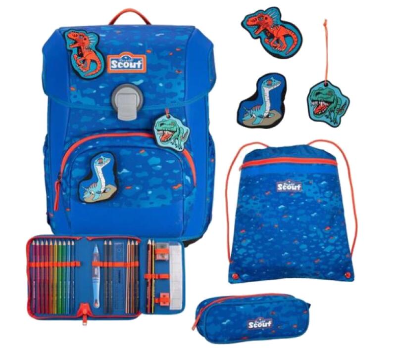 Scout - Scout Neo Set Exklusiv Schulranzenset 4tlg. 21,5l 1,2Kg Superflash Blue Dino Blau von Scout
