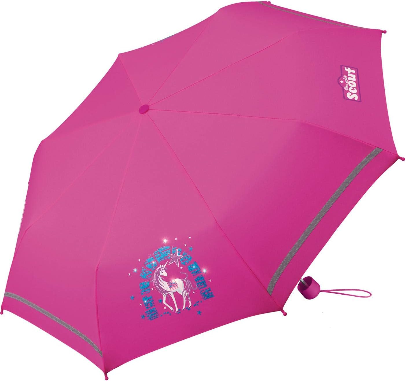 Scout Stockregenschirm Scout Kinder-Taschenschirm mit reflektierenden Streifen Lilac Unicorn von Scout