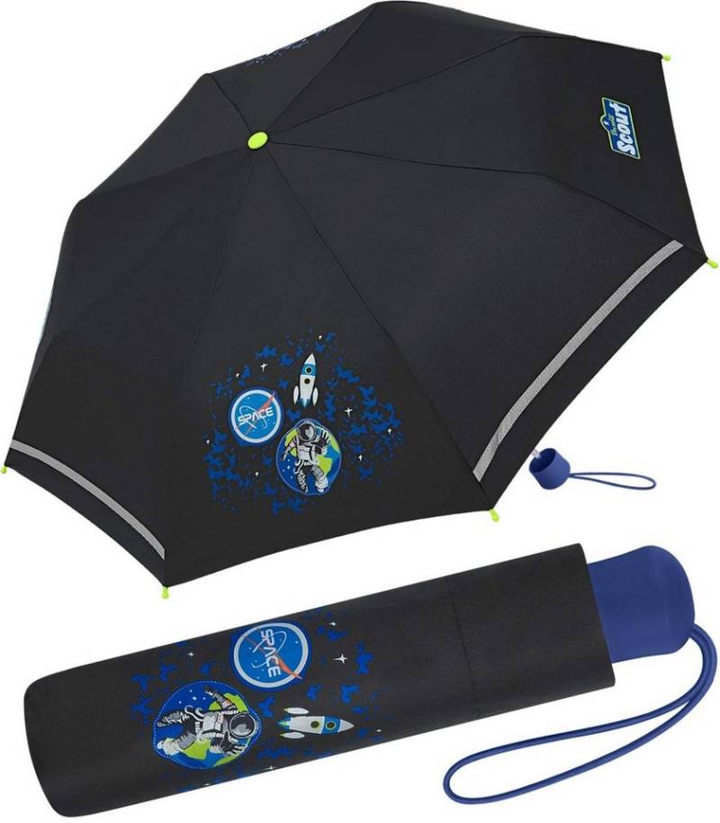 Scout Taschenregenschirm Black Galaxy - Mini Kinderschirm, extra leicht für Kinder gemacht, reflektierend und bedruckt von Scout