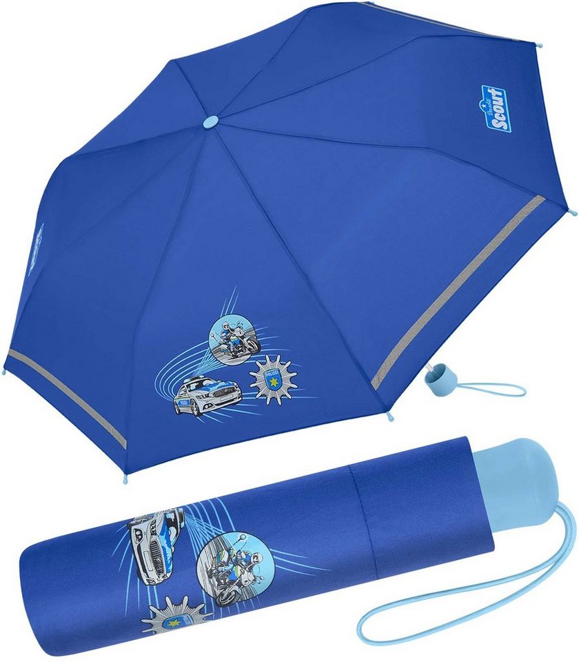 Scout Taschenregenschirm Blue Police - Mini Kinderschirm, extra leicht für Kinder gemacht, reflektierend und bedruckt von Scout