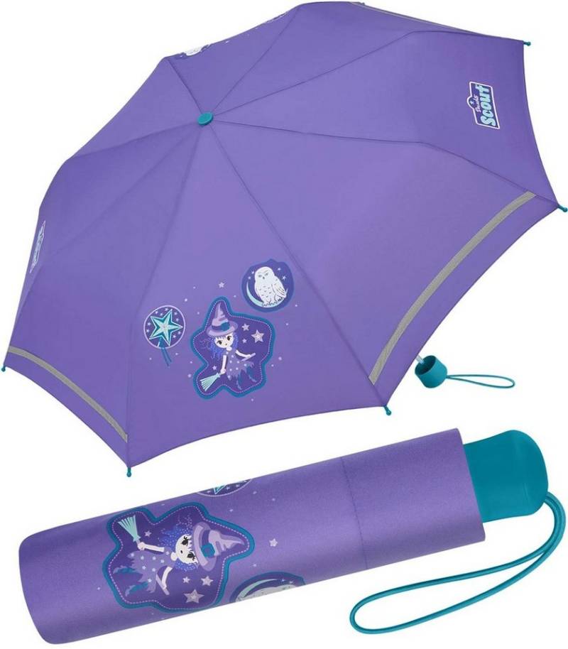 Scout Taschenregenschirm Purple Magic - Mini Kinderschirm, extra leicht für Kinder gemacht, reflektierend und bedruckt von Scout