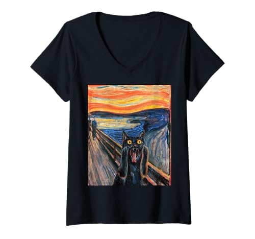 Damen The Scream Black Cat von Munch Edvard berühmte Malerei lustig T-Shirt mit V-Ausschnitt von Scream Cats Funny Parody Shirts & Gifts