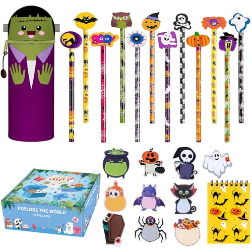 Kawaii - 2-in-1 Schulmäppchen aus weichem Silikon Set, Halloween-Thema Bleistifte, Haftnotizen und Notizblöcke Party Favor Set für Kinder Klassenzimmer, Geschenk, Süßes oder Saures Goodie Bag Filler von Scribbelfein