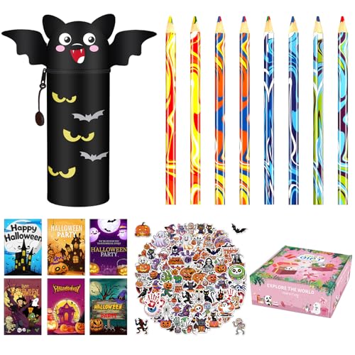 Kawaii - 2-in-1 Schulmäppchen aus weichem Silikon Set, Halloween-Thema Aufkleber, Buntstifte und Notizblöcke Party Favor Set für Kinder Klassenzimmer, Geschenk, Süßes oder Saures Goodie Bag Filler von Scribbelfein