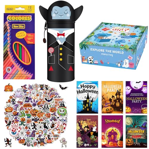 Kawaii - 2-in-1 Schulmäppchen aus weichem Silikon Set, Halloween-Thema Notizblöcke, Buntstifte und Aufkleber Party Favor Set für Kinder Klassenzimmer, Geschenk, Süßes oder Saures Goodie Bag Filler von Scribbelfein