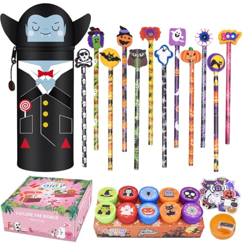 Scribbelfein Kawaii - 2-in-1 Schulmäppchen aus weichem Silikon Set, Halloween-Thema Bleistifte, Haftnotizen und Kinderstempel für Kinder Klassenzimmer, Geschenk, Süßes oder Saures Goodie Bag Filler von Scribbelfein