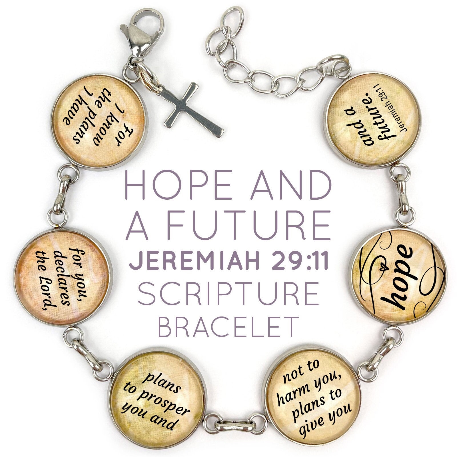Jeremia 2911 "Hope & A Future" Schriftarmband - Glas Charm Edelstahl Bibelvers Armband, 22, 5-21 cm Jeremia 2911 "Hope & A Future" Schriftarmband - Glas Charm Edelstahl Bibelvers Armband, 22, 5-21 cm von ScriptCharms
