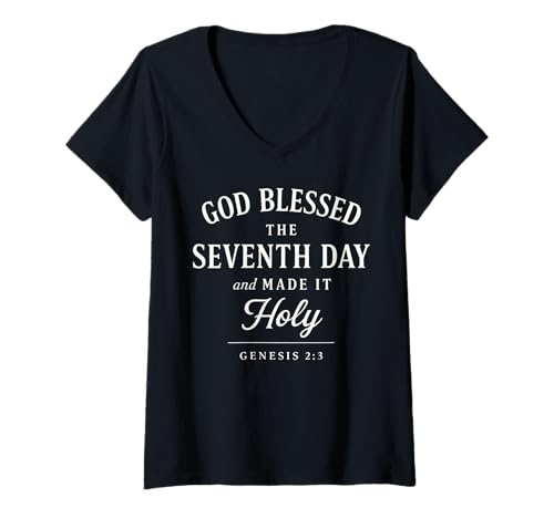 Damen Gott segnete den siebten Tag und heiligte ihn T-Shirt mit V-Ausschnitt von Scriptural Studio Shop