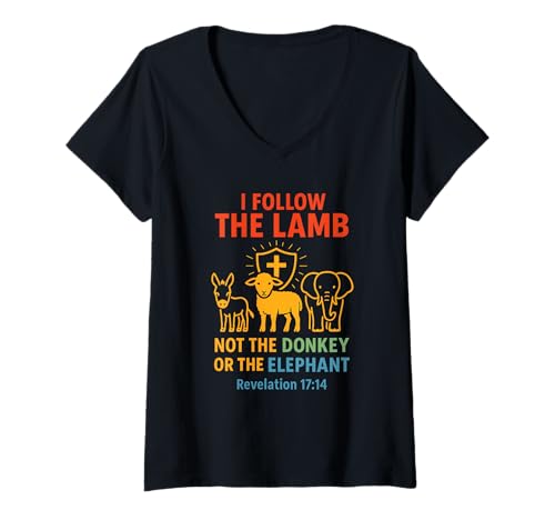 Damen Ich Folge dem Lamm, Nicht Esel oder Elefant, christlicher Glaube T-Shirt mit V-Ausschnitt von Scripture Truth Studio