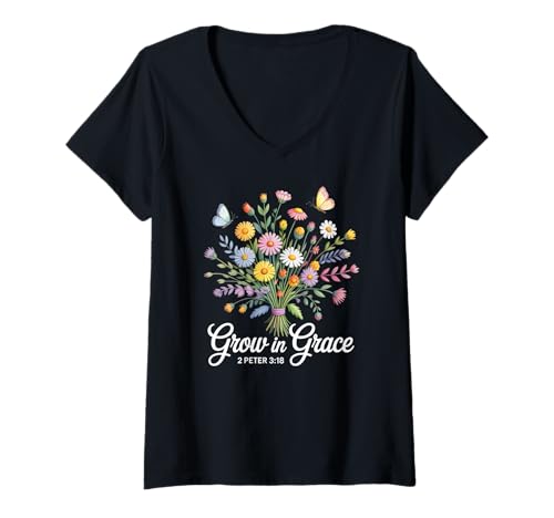 Damen Christlicher Bibelvers 2 Peter 3:18 Wildblumenstrauß T-Shirt mit V-Ausschnitt von Scripture Verse Design for women