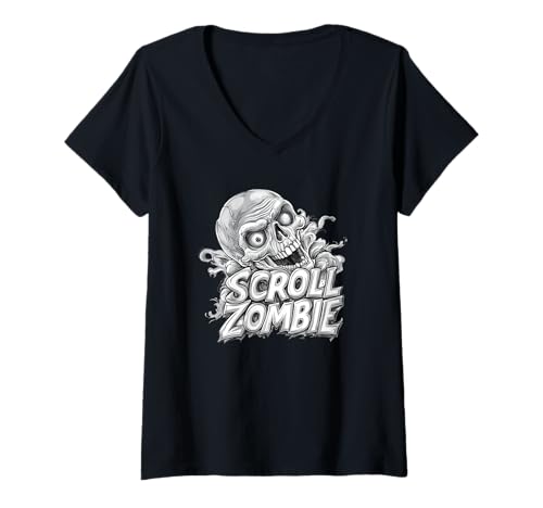 Damen Cooles Scroll Generation mit Zombiekopf Kostüm T-Shirt mit V-Ausschnitt Damen Cooles Scroll Generation mit Zombiekopf Kostüm T-Shirt mit V-Ausschnitt von Scroll Zombie Outfit
