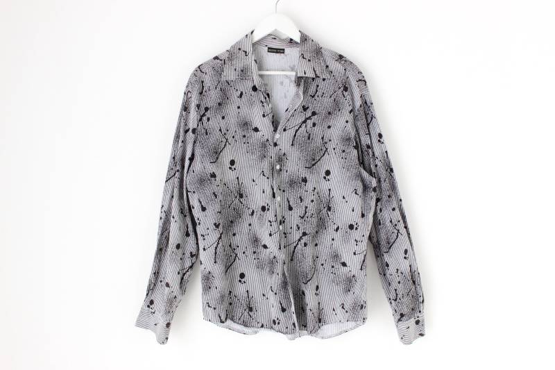 Y2K Farbspritzer & Nadelstreifen Abstrakter Druck Langarm Button Up 00S Club Party Shirt - Acne Vibes von ScruffyJays