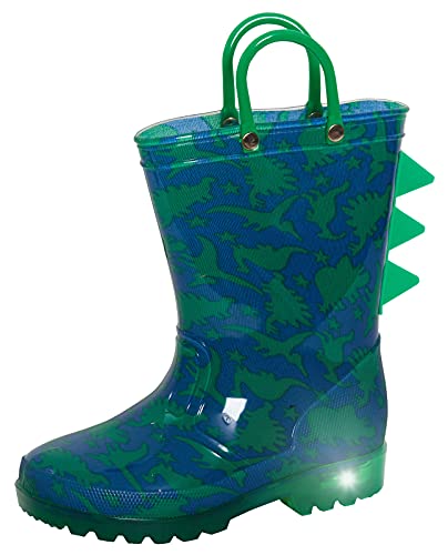 ScruffyTed Kinder leuchtende Dinosaurier Gummistiefel Jungen Gummistiefel mit Griffen und blinkenden Lichtern Mädchen Dino Stiefel Regenschuhe, Grün-blau, 24 EU von ScruffyTed