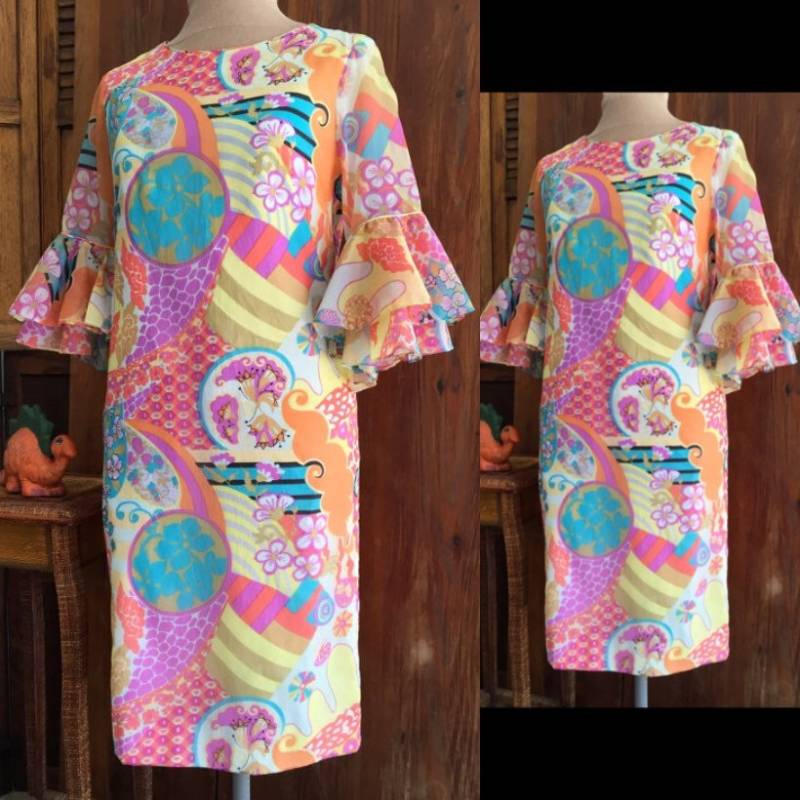 Vintage Katze Cay Of Miami Bedrucktes Boho Crepe Cocktailkleid, Größe M Vintage Katze Cay Of Miami Bedrucktes Boho Crepe Cocktailkleid, Größe M von ScrumpdiddlyDesigns