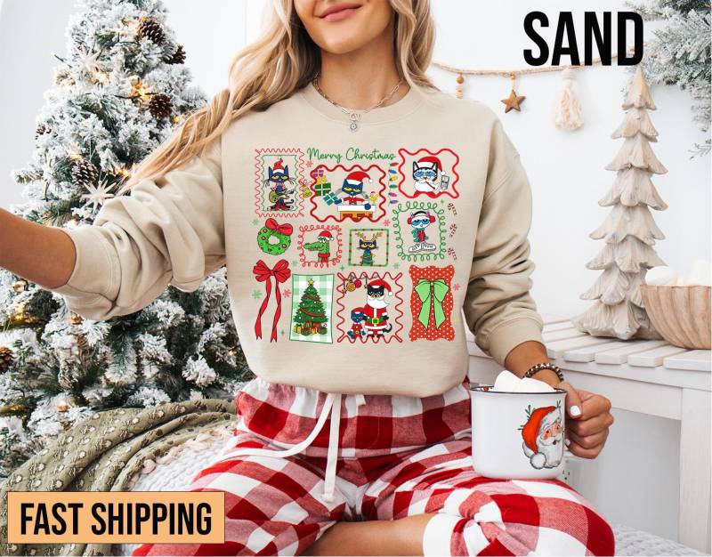 Gekritzel-Weihnachtslehrer-Hemd, Sehr Frohe Weihnachten Pete Das Katzen-Hemd, Kinderbuch-Weihnachtshemd, Frohes Lehrer-Hemd, Lehrer-Geschenke von ScruncStreet