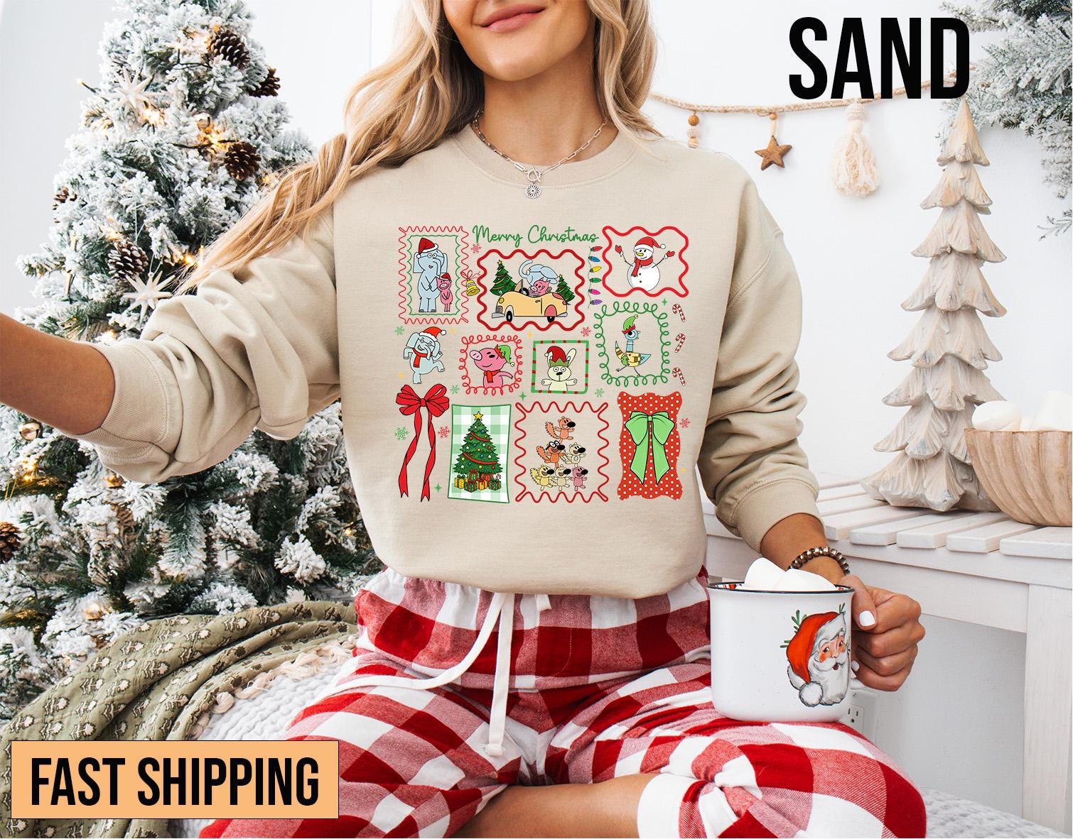 Gekritzel-Weihnachtslehrer-Shirt, Sehr Frohe Weihnachten Elefant Und Schweinchen-Shirt, Kinderbuch-Weihnachtshemd, Weihnachtsgeschenk Für Lehrer von ScruncStreet