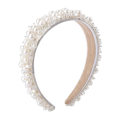 Weißer Perlen Haarreifen Damen Elegant, Perlen Haarreif Braut Bride Stirnband, Dickes Retro Hochzeit Haarschmuck für Frauen und Mädchen von Sctmda