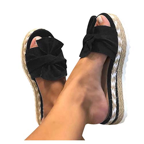 Sdacndas Damen Sandalen Bowknot Frauen Lässige Flache Webschuhe Platform Offener Zeh Plateau Keilabsatz Pantoletten Übergröße Sommerschuhe Wedge Sommerpantoffeln, 01 Black, 40#EU von Sdacndas