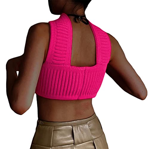 Sdencin Damen Ärmelloses Sexy Y2K Neckholder Out Strick Tube Top Trägerlos Solid Slim Backless Crop Top Cami Tank Sommer, hot pink, Klein von Sdencin