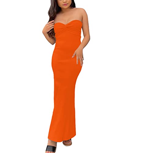 Sdencin Frauen Sexy Twist Knoten Front Rippstrick Bodycon Bandeau Tube Kleid Casual Solide Trägerlos Maxi Langes Kleid, Orange/Abendrot im Zickzackmuster (Sunset Chevron), Klein von Sdencin