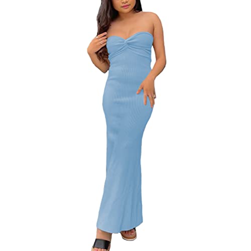 Sdencin Y2K Damen Sexy Twist Knoten Front Rippstrick Bodycon Bandeau Tube Kleid Casual Solid Strapless Maxi Langes Kleid, blau, Klein von Sdencin